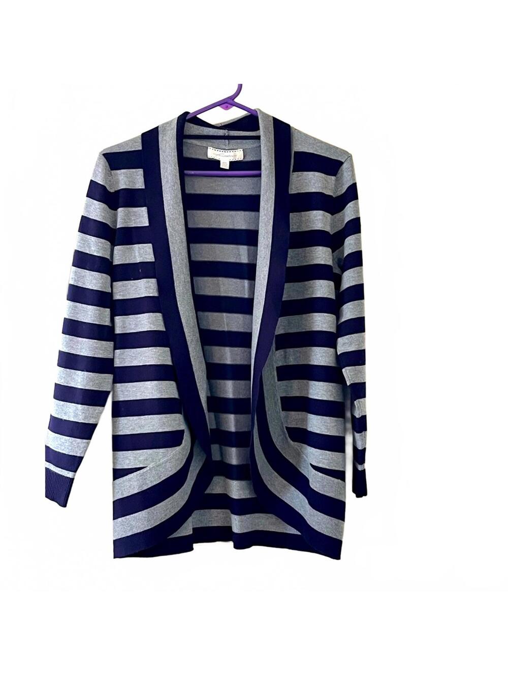 Pointelle Navy and Gray Striped Women's Cardigan Sweater